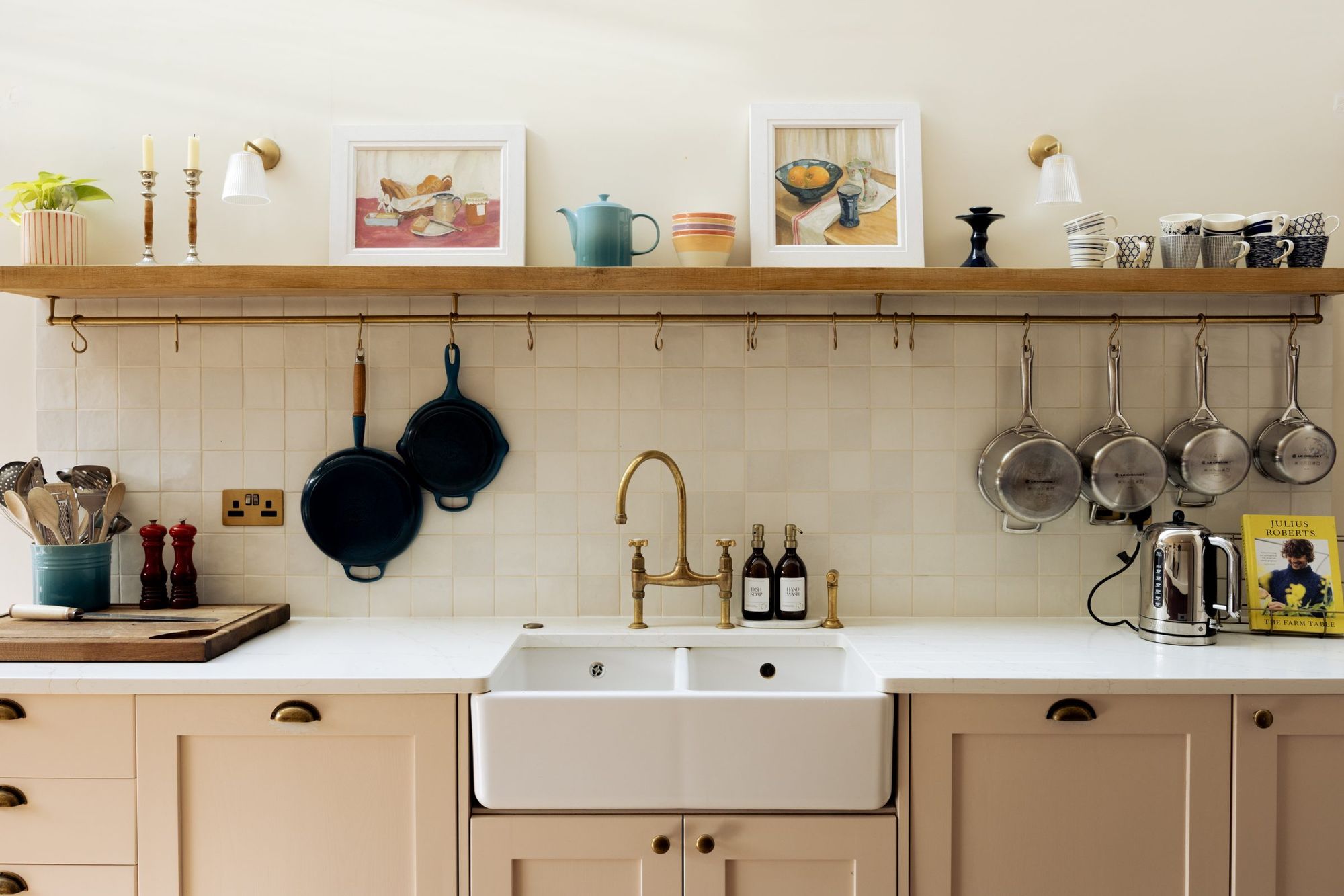 Ravenswood Road kitchen with pink cabinetry and open shelving
